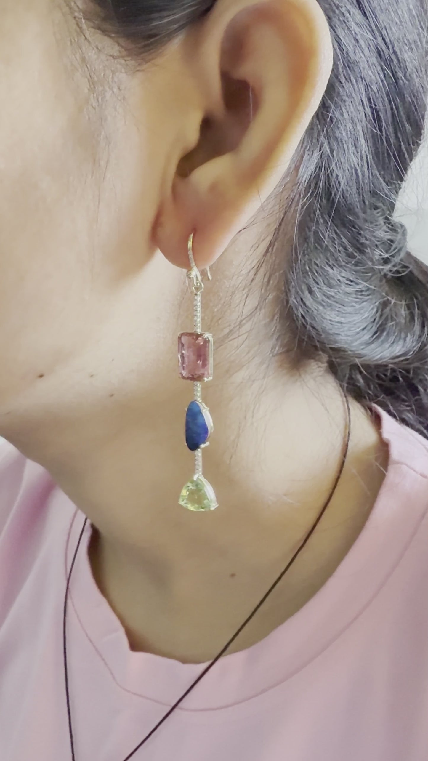 14K Yellow Gold Opal, Pink Tourmaline, Green Tourmaline & Diamond Dangle Earrings