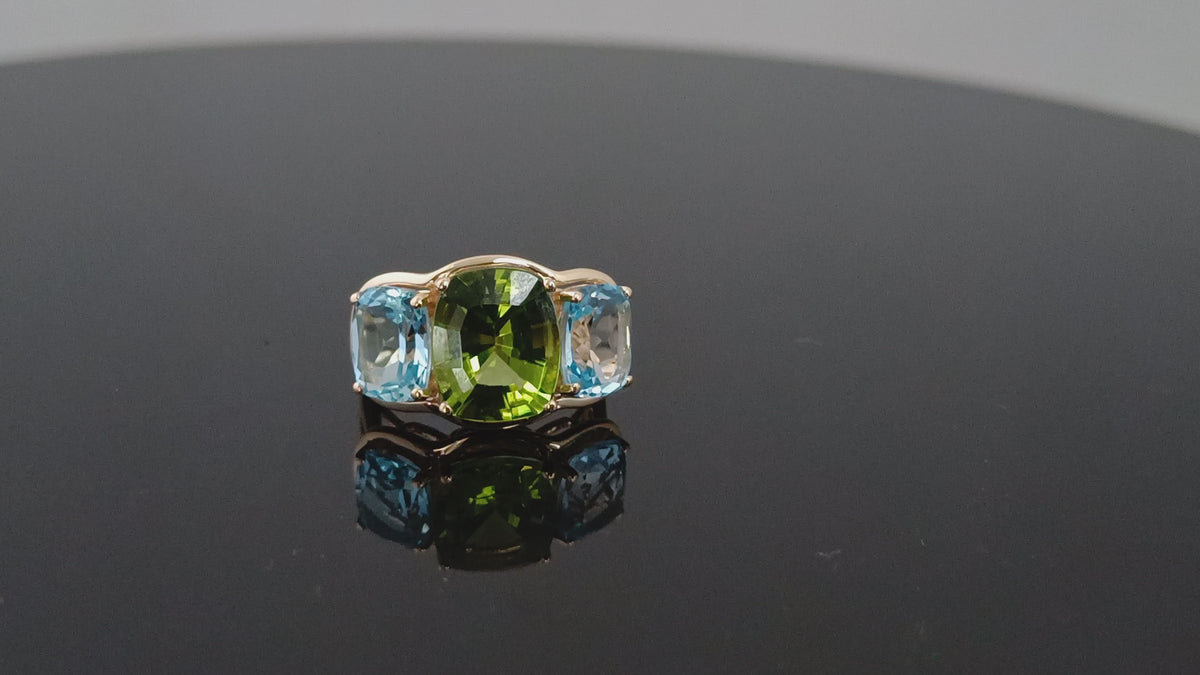 Cushion Peridot Prong Blue Topaz Three Stone Ring In 18k Yellow Gold