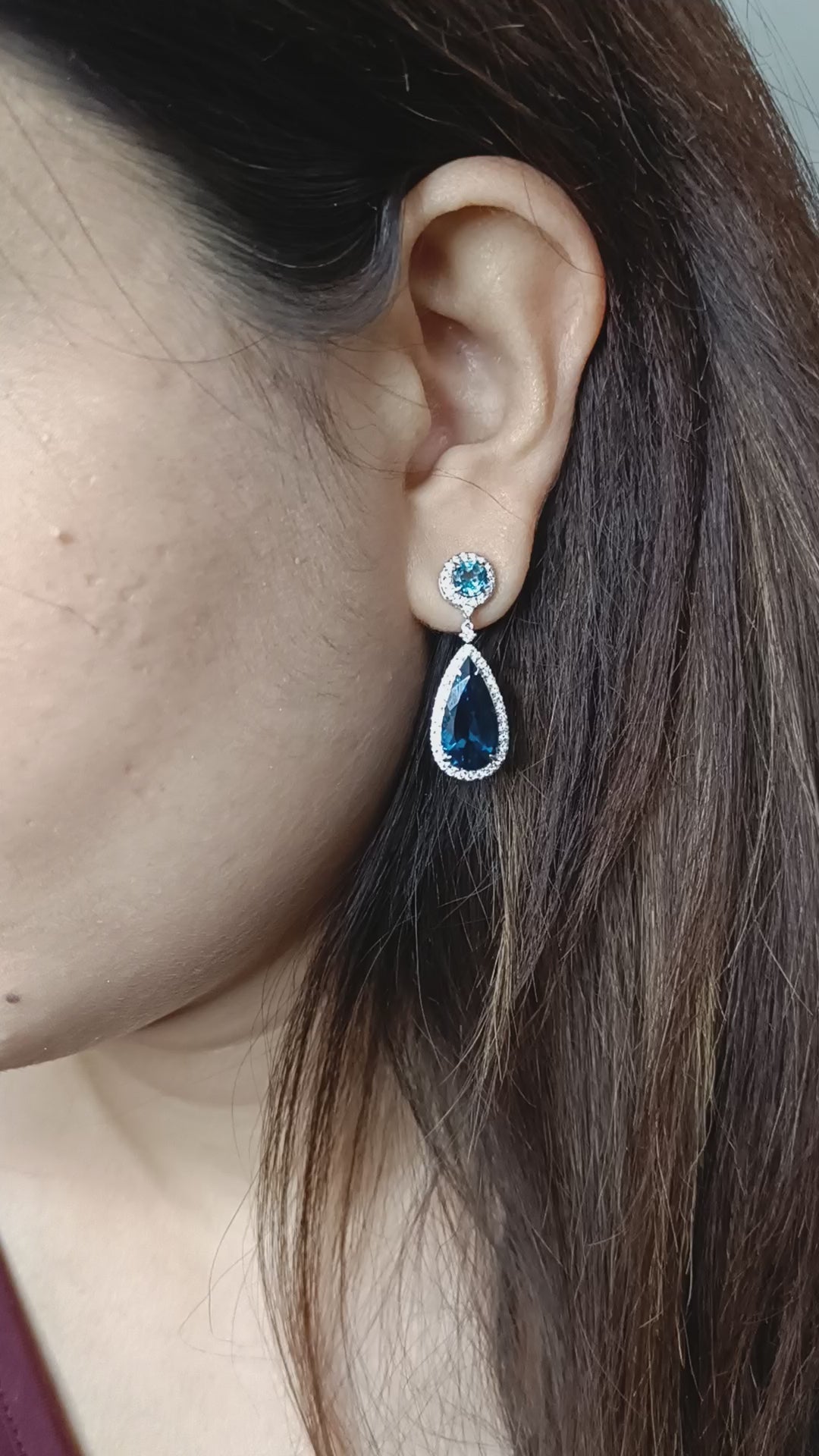 London Blue Topaz Gemstone Pave Diamond Danglers In 18k White Gold