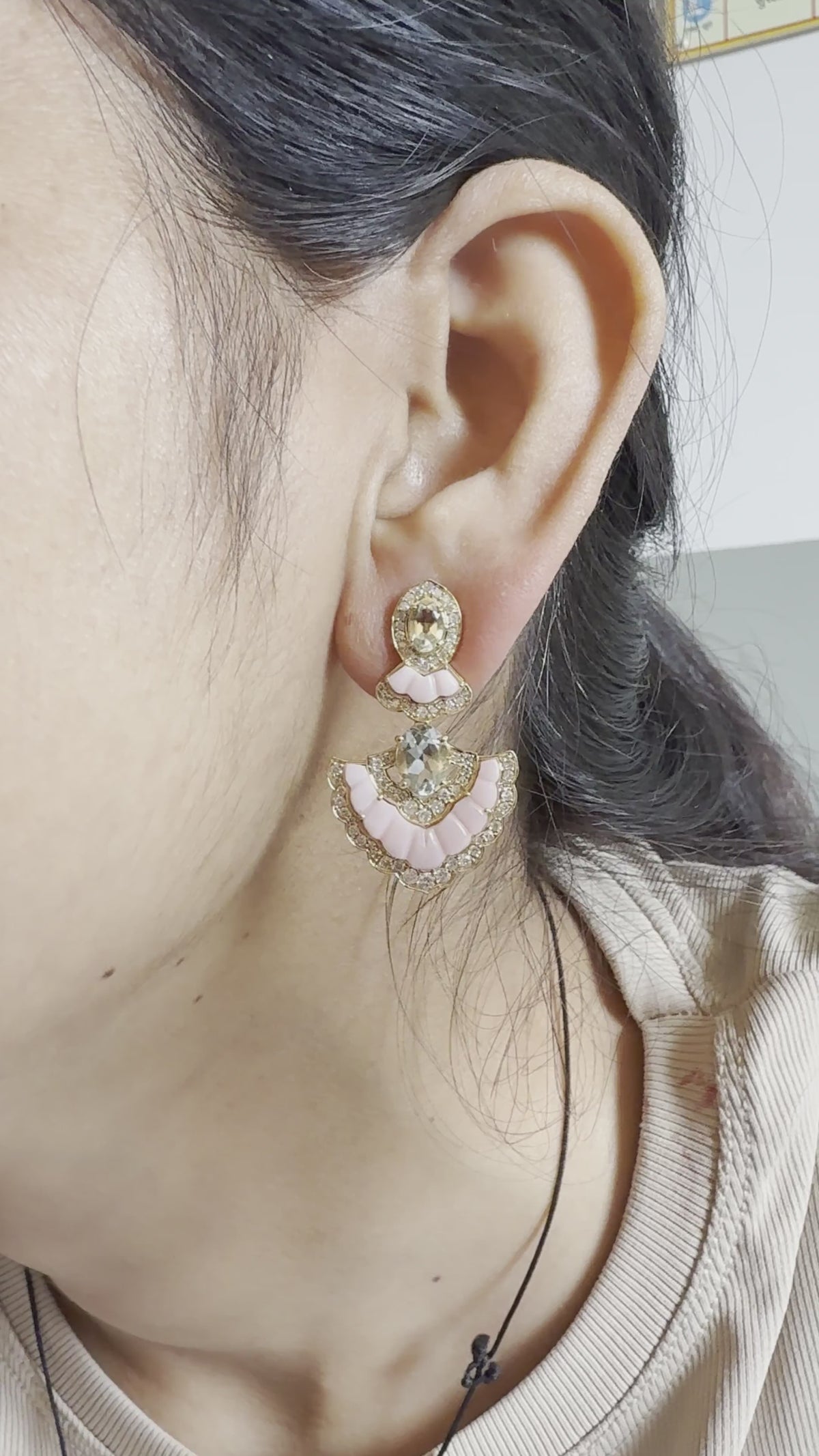 Luxury Pink Opal & Green Amethyst Diamond Earrings in 18K Gold