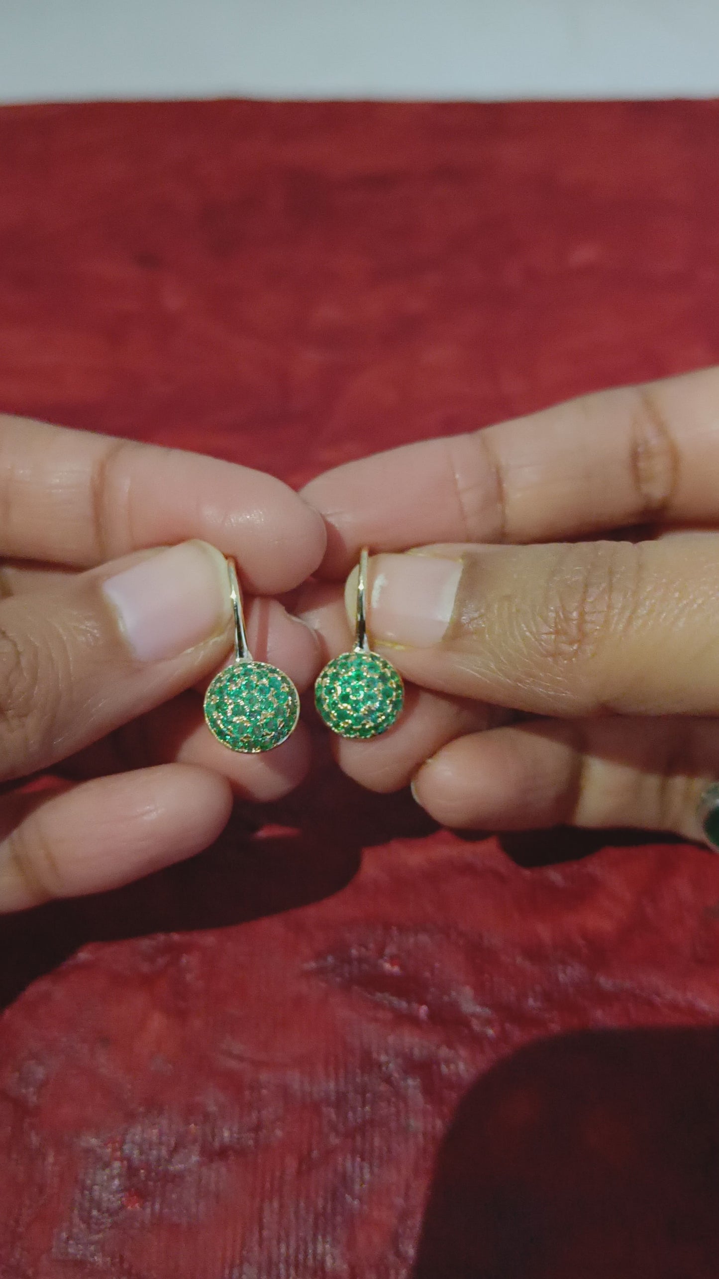 18K Yellow Gold Pave Emerald Gemstone Ear Hook Earrings