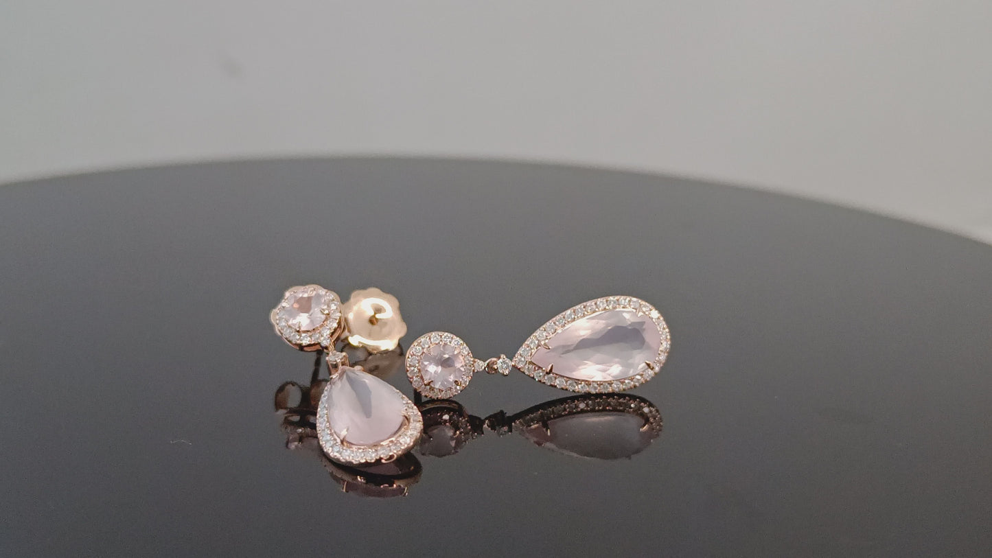 Rose Quartz Gemstone & Diamond Drop Earrings in 18K Rose Gold