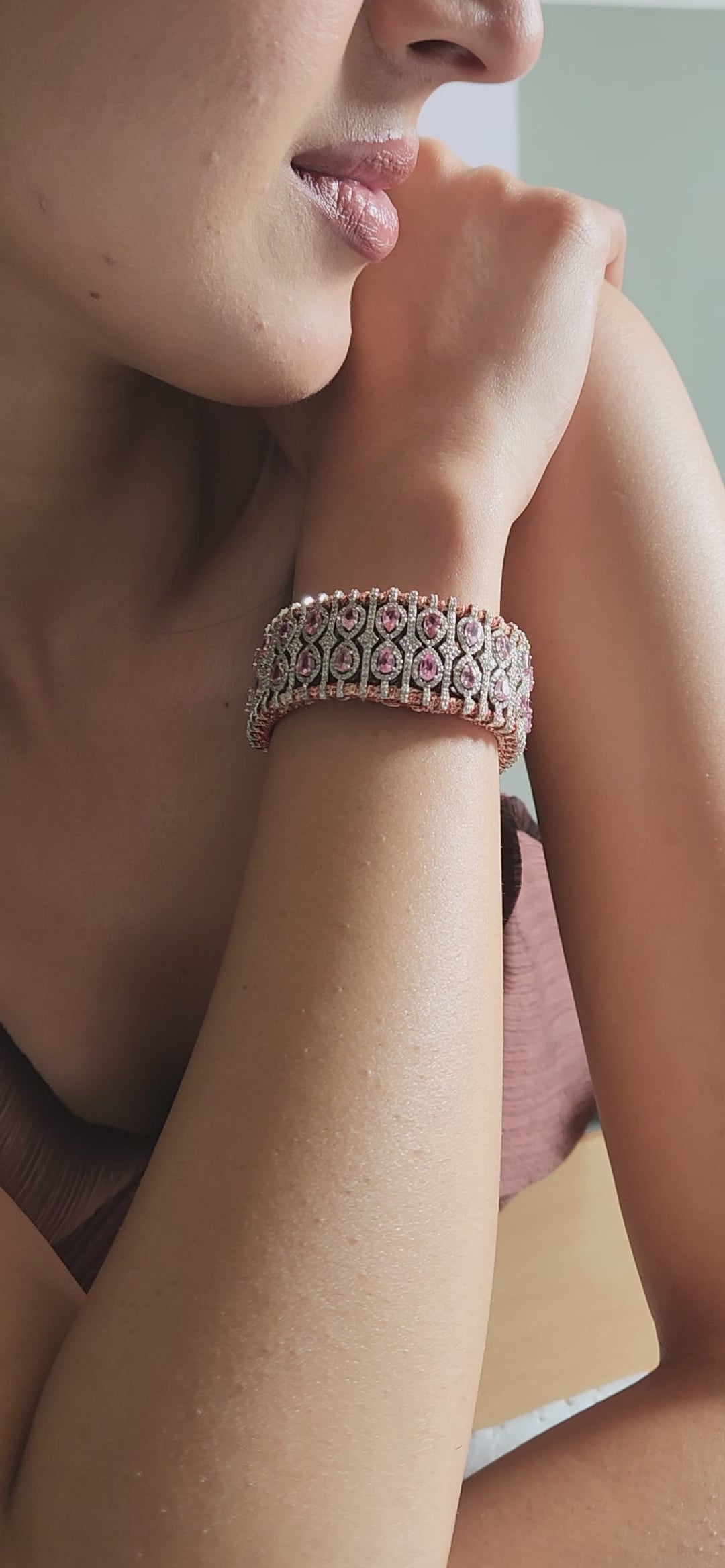925 Sterling Silver Pink Tourmaline & Diamond Multi-Row Silk Thread Bracelet