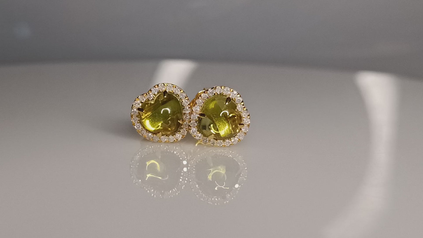 Peridot Gemstone Pave Diamond Heart Earrings In 14k Yellow Gold