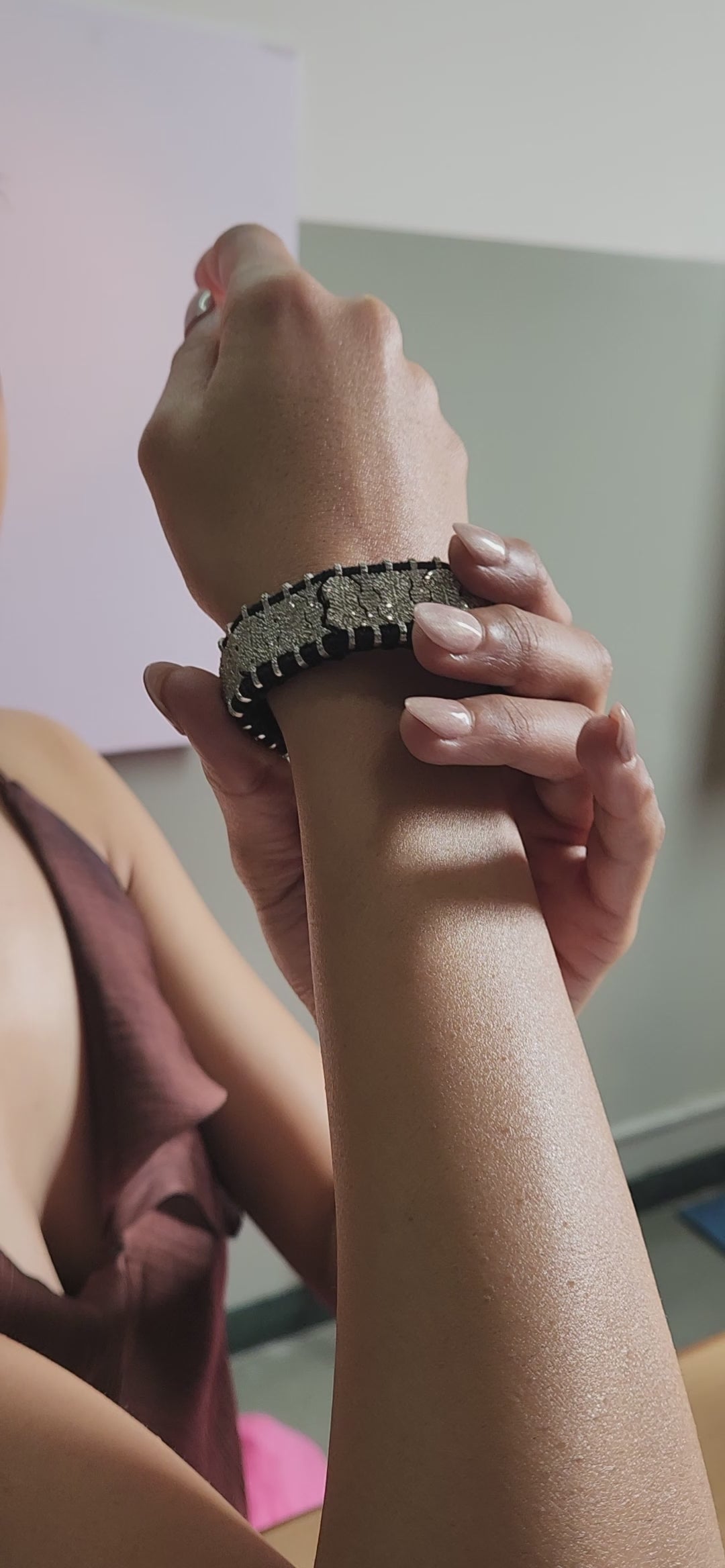 925 Sterling Silver Diamond & Black Silk Thread Statement Bracelet