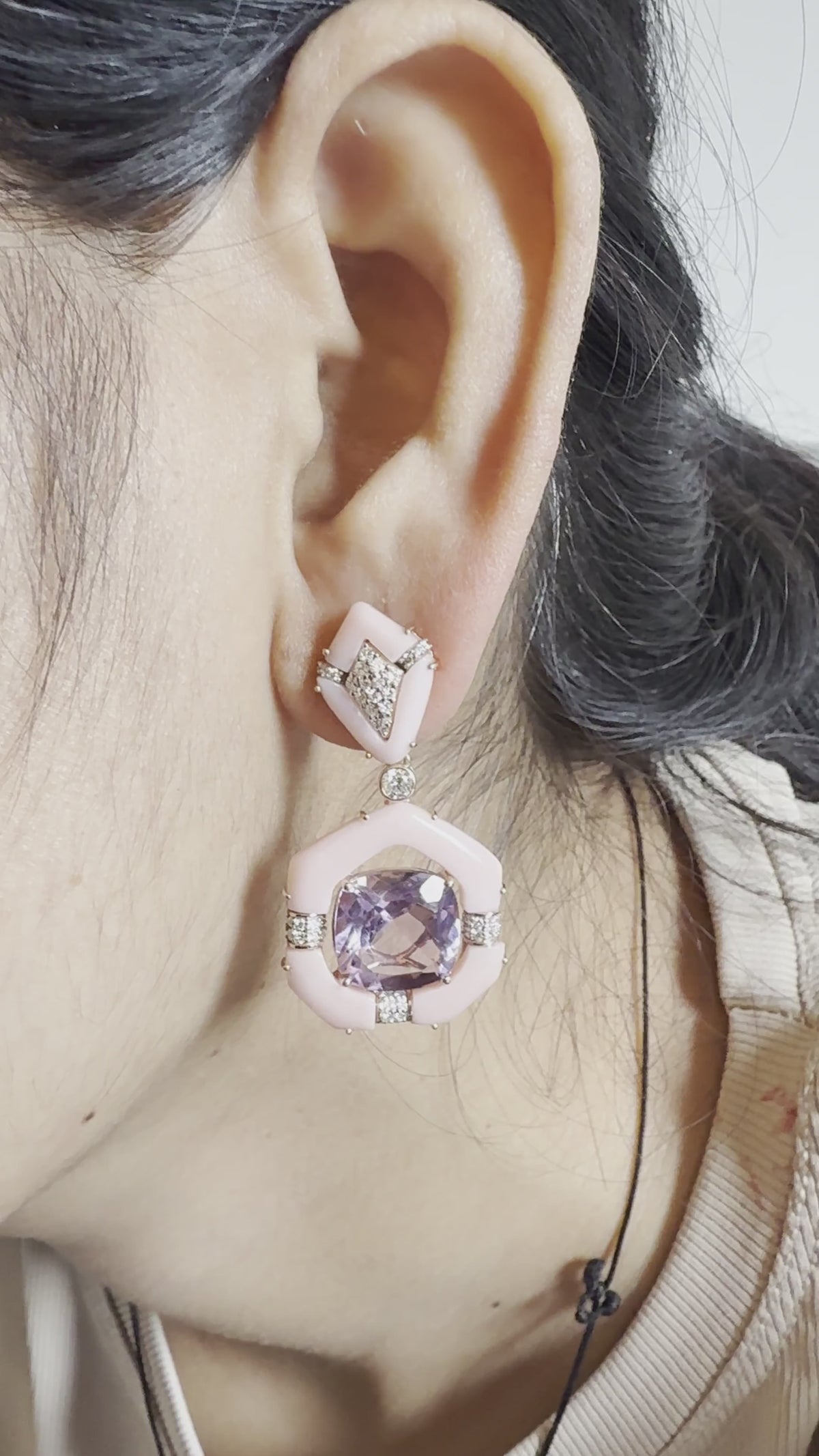 14K Rose Gold Pink Opal, Amethyst & Diamond Geometric Drop Earrings