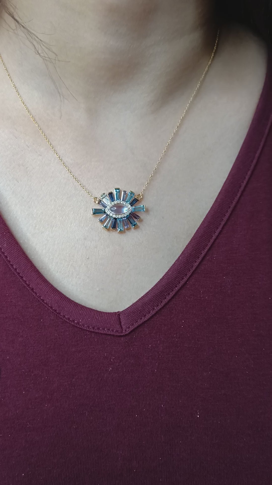 Baguette Cut Multi Gemstone Evil Eye Necklace in 18k Yellow Gold
