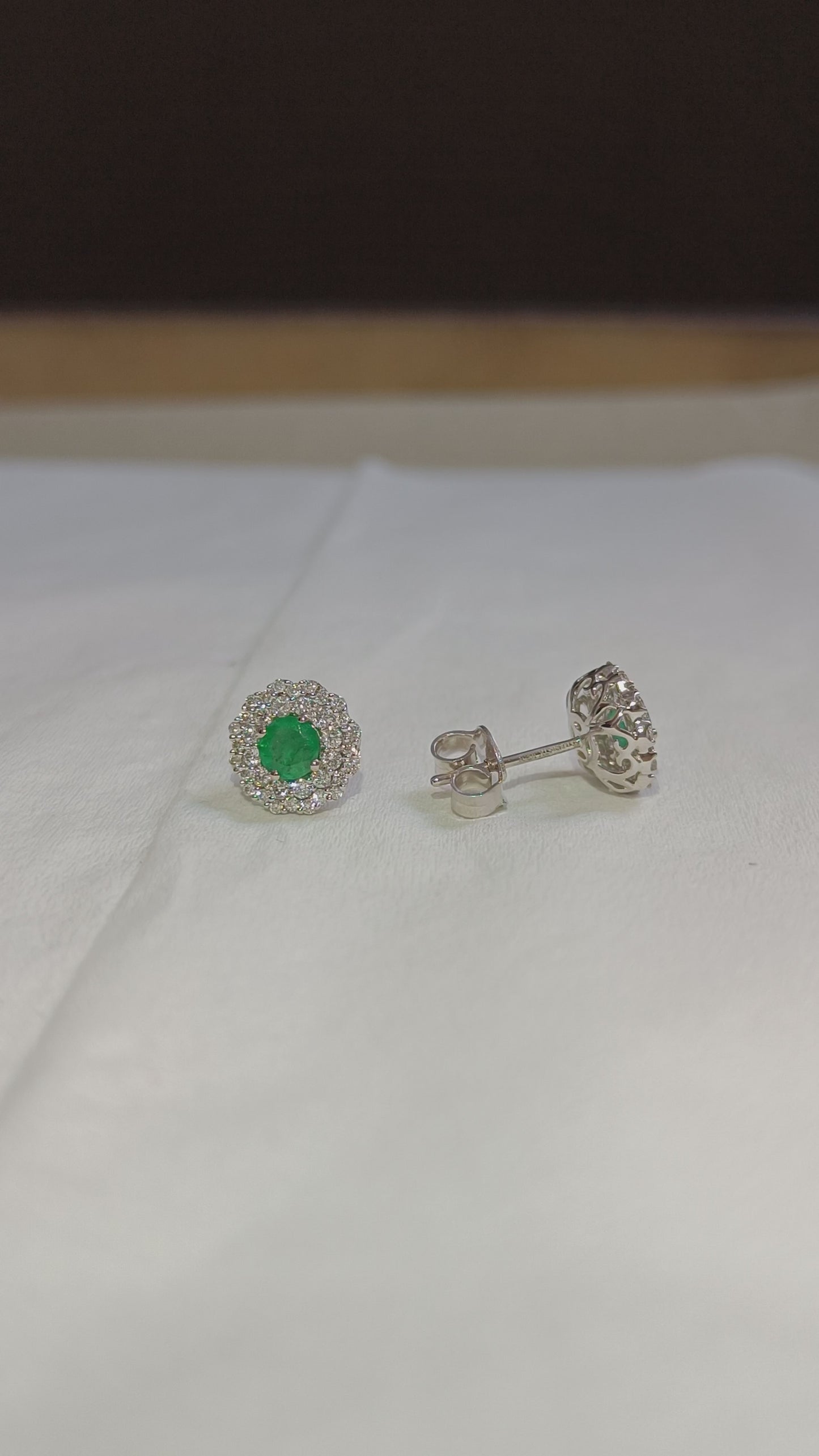 14k White Gold Prong Emerald Gemstone Pave Diamond Stud Earrings