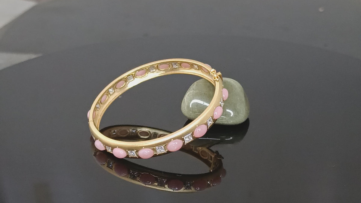 Princess Cut Diamond & Opal Gemstone Bangle In 14k Yellow Gold