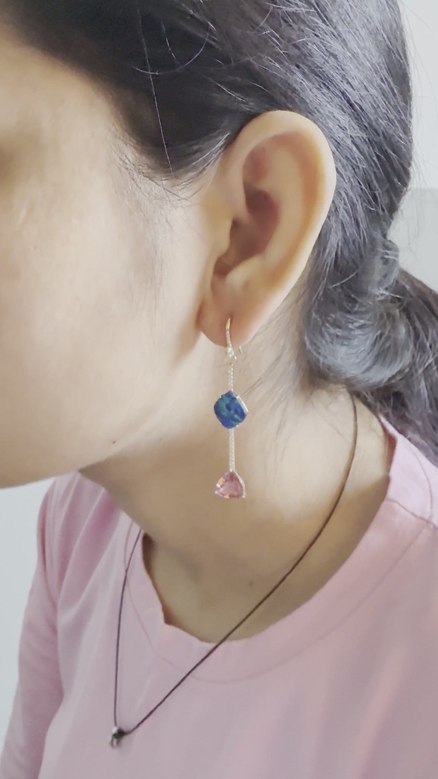 14K Yellow Gold Opal, Pink Tourmaline & Diamond Linear Dangle Earrings