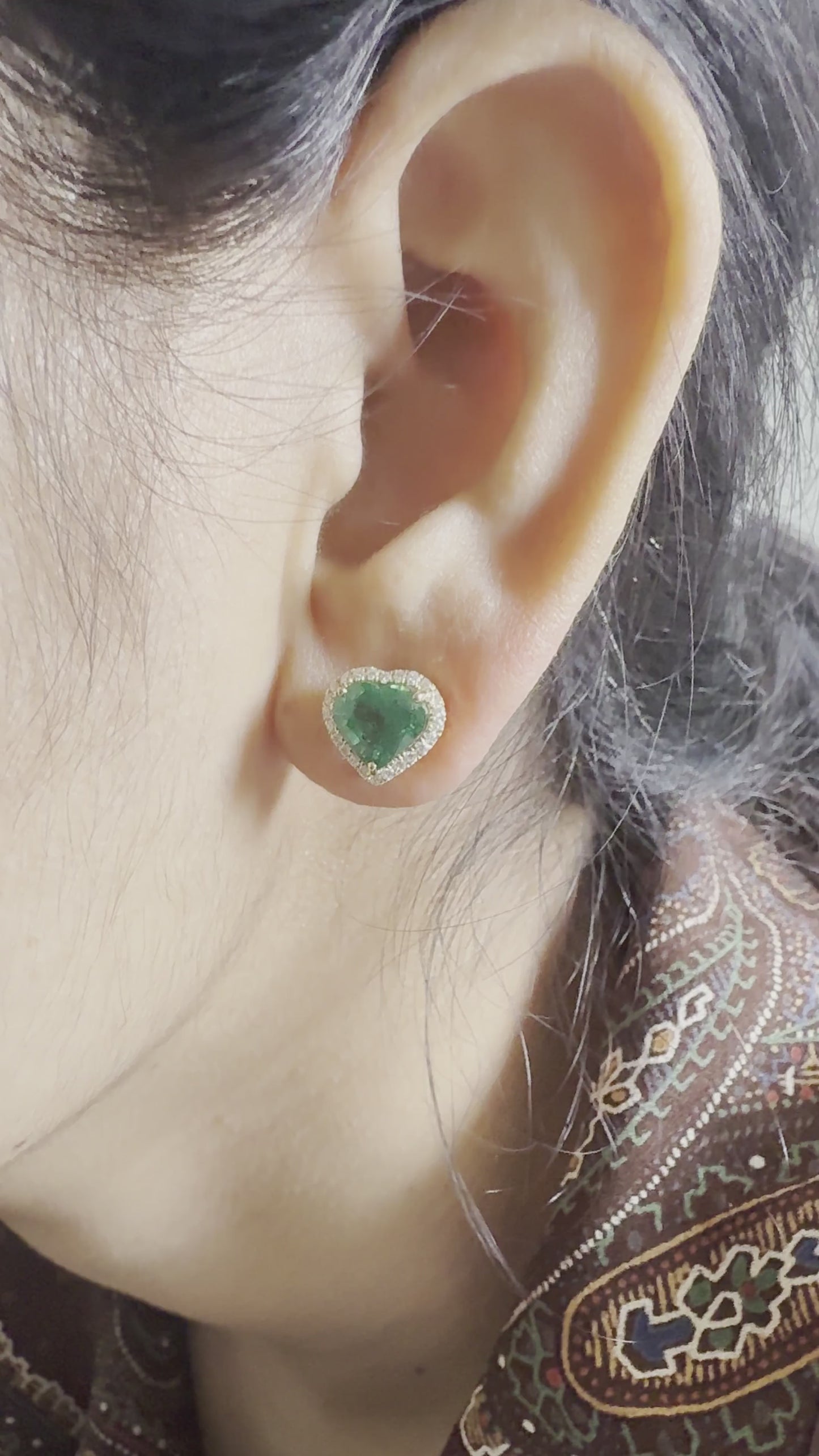 18K Yellow Gold Emerald Heart Diamond Halo Stud Earrings