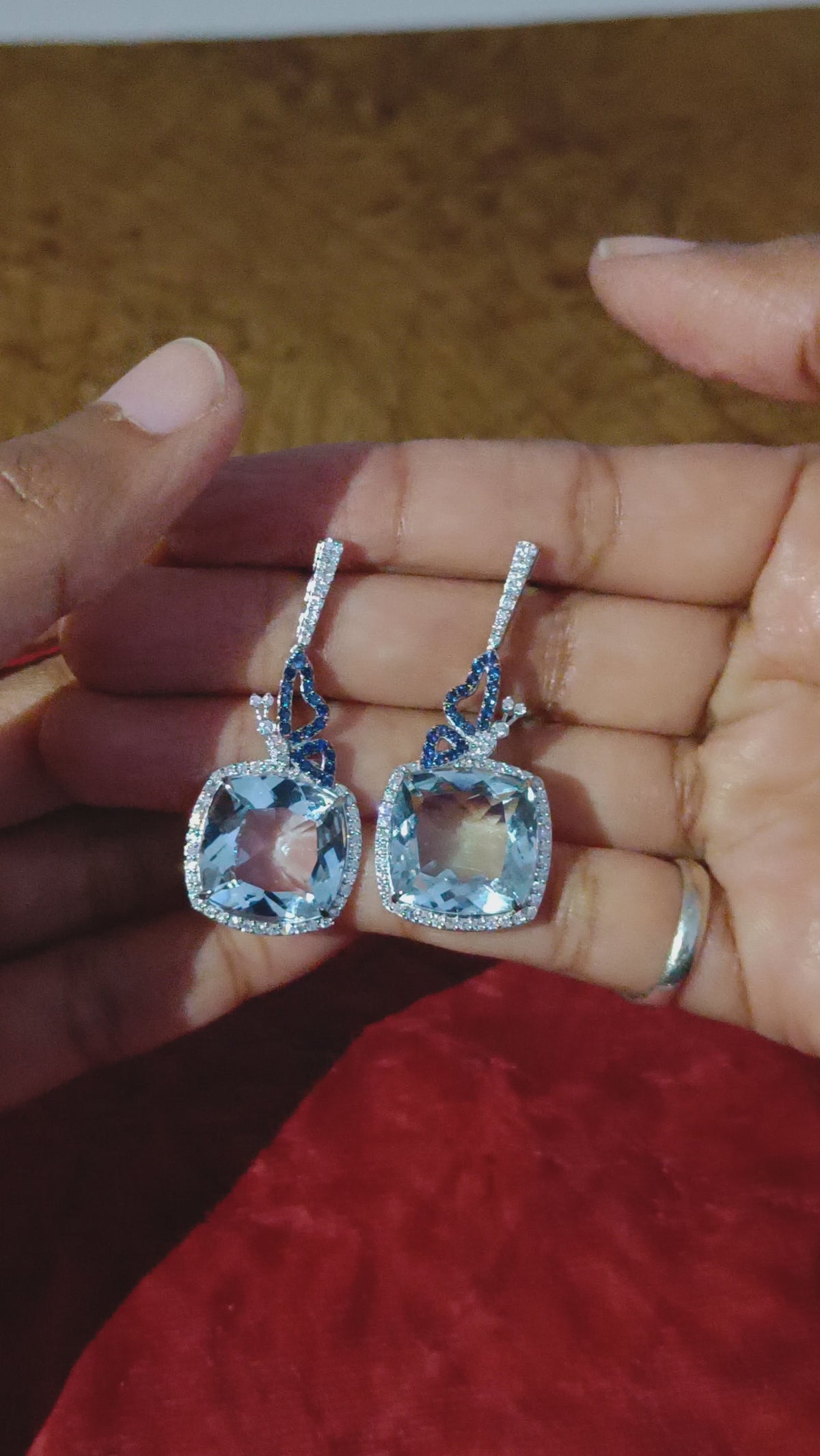 Aquamarine Blue Sapphire Pave Diamond Butterfly Dangler In 18K White Gold