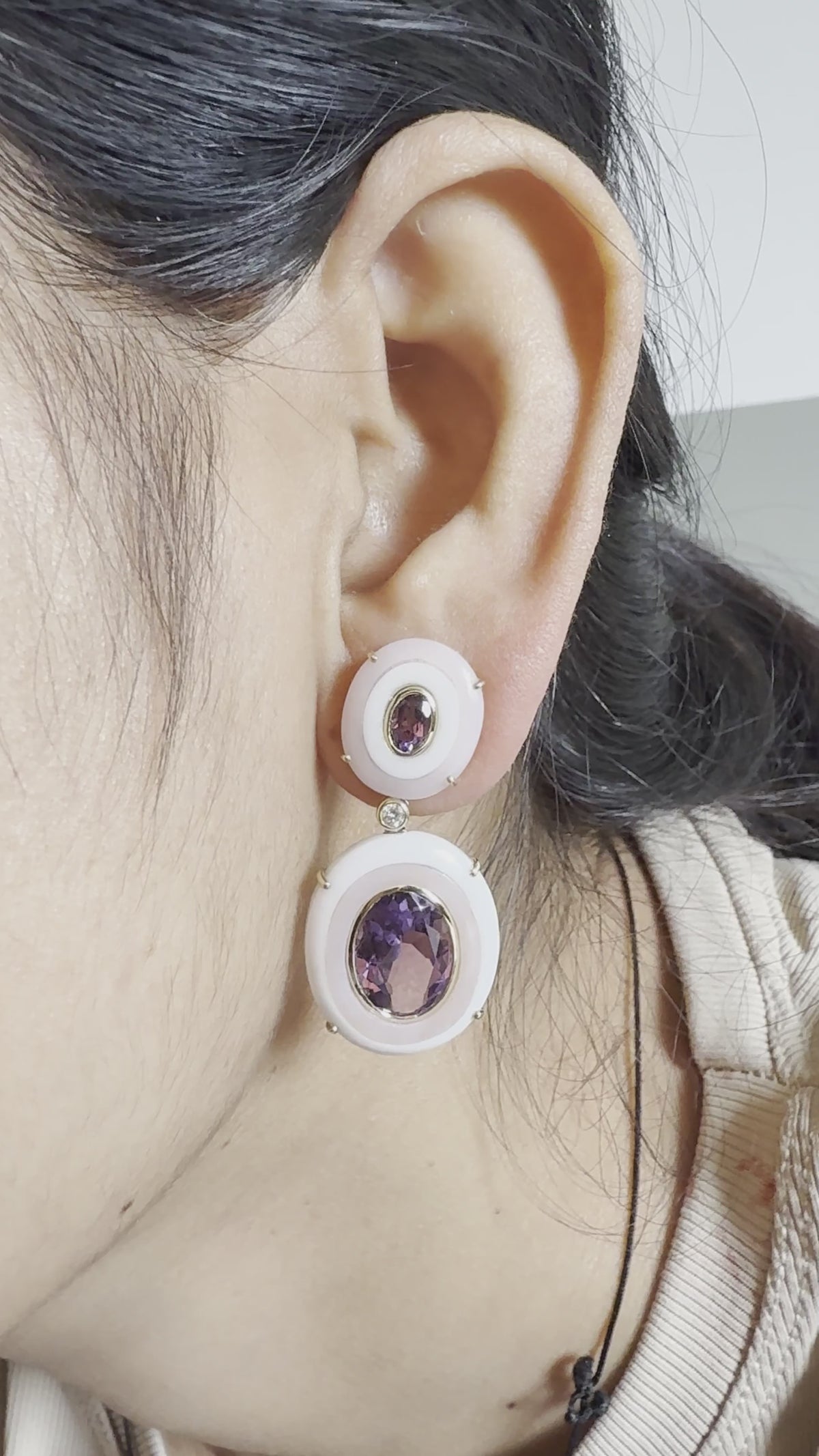 14K Yellow Gold Amethyst, Pink Opal, White Onyx & Diamond Drop Earrings