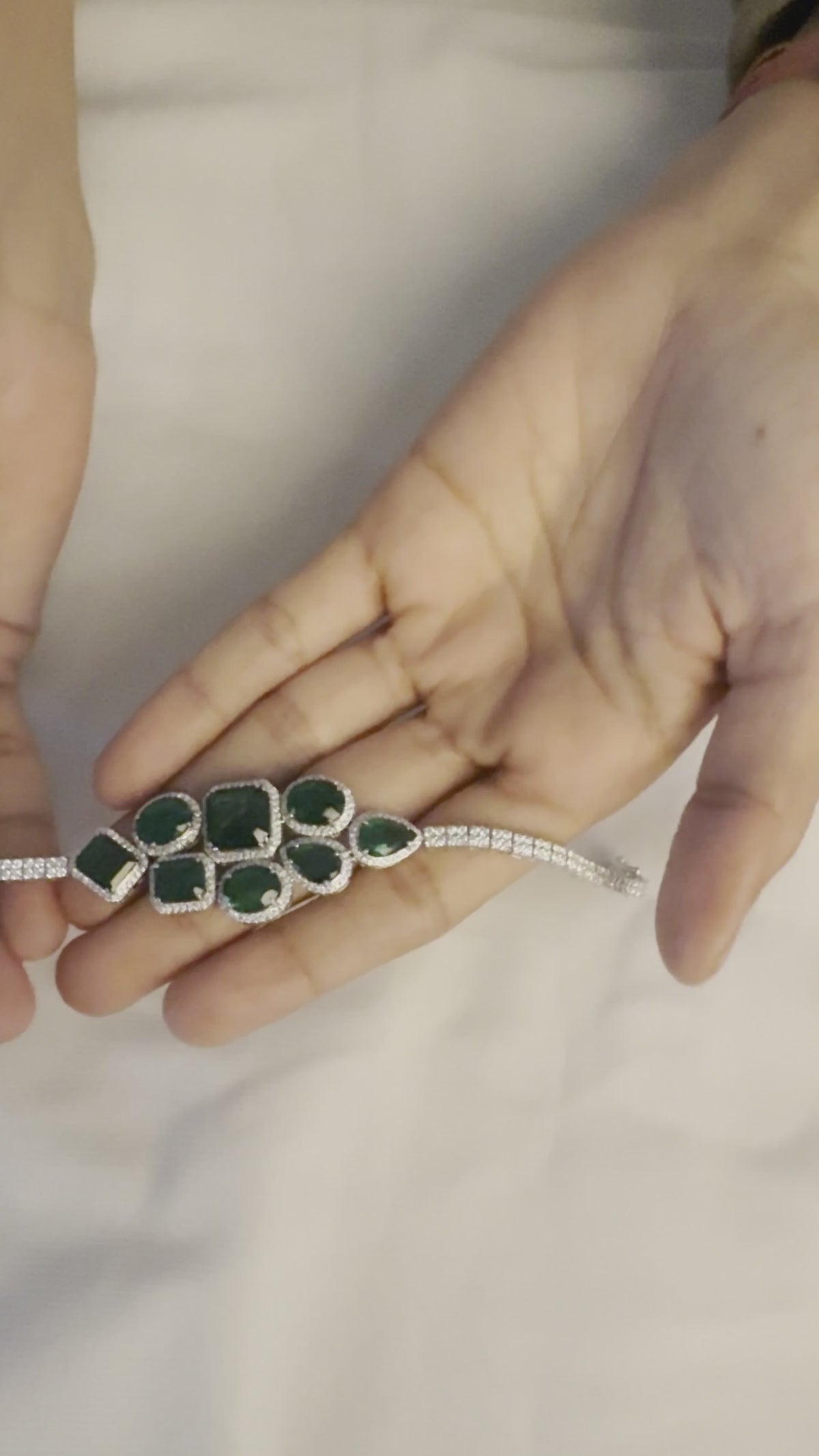 14K White Gold Emerald Diamond Multi Shape Statement Bracelet