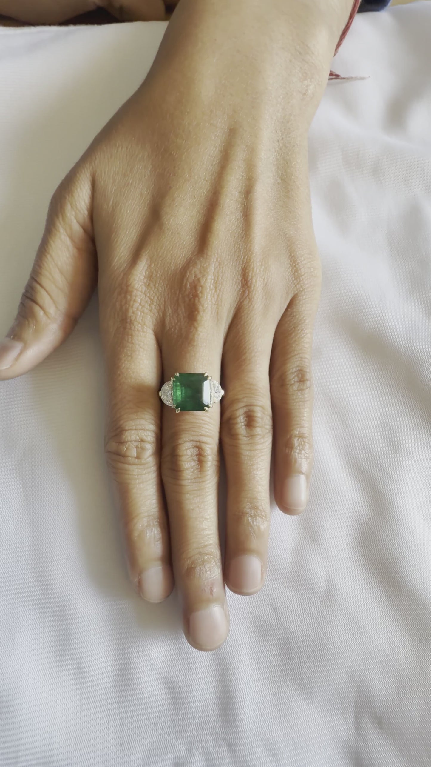 14K Yellow Gold Square Cut Emerald Diamond Three Stone Ring