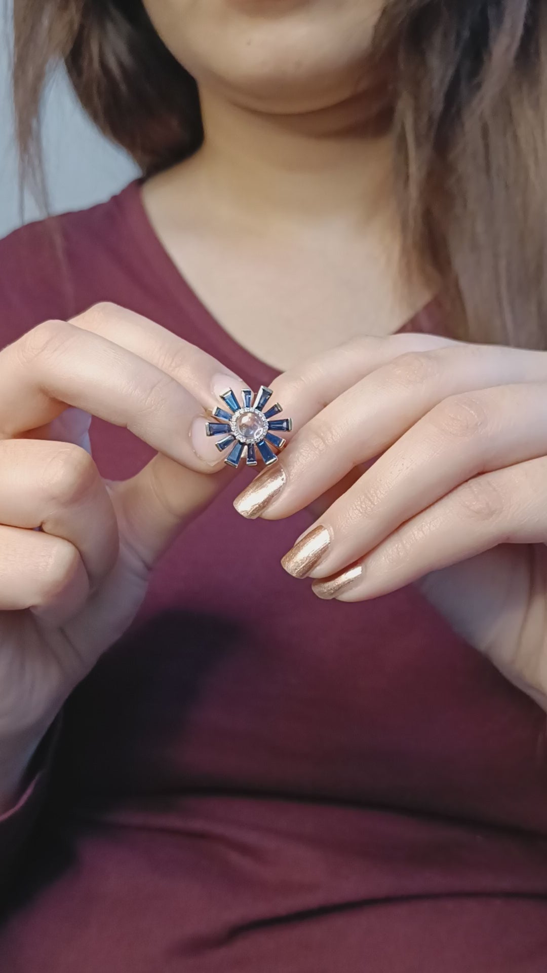 Blue Sapphire ,Moonstone Pave Diamond Sunburst Ring In 18K Yellow Gold