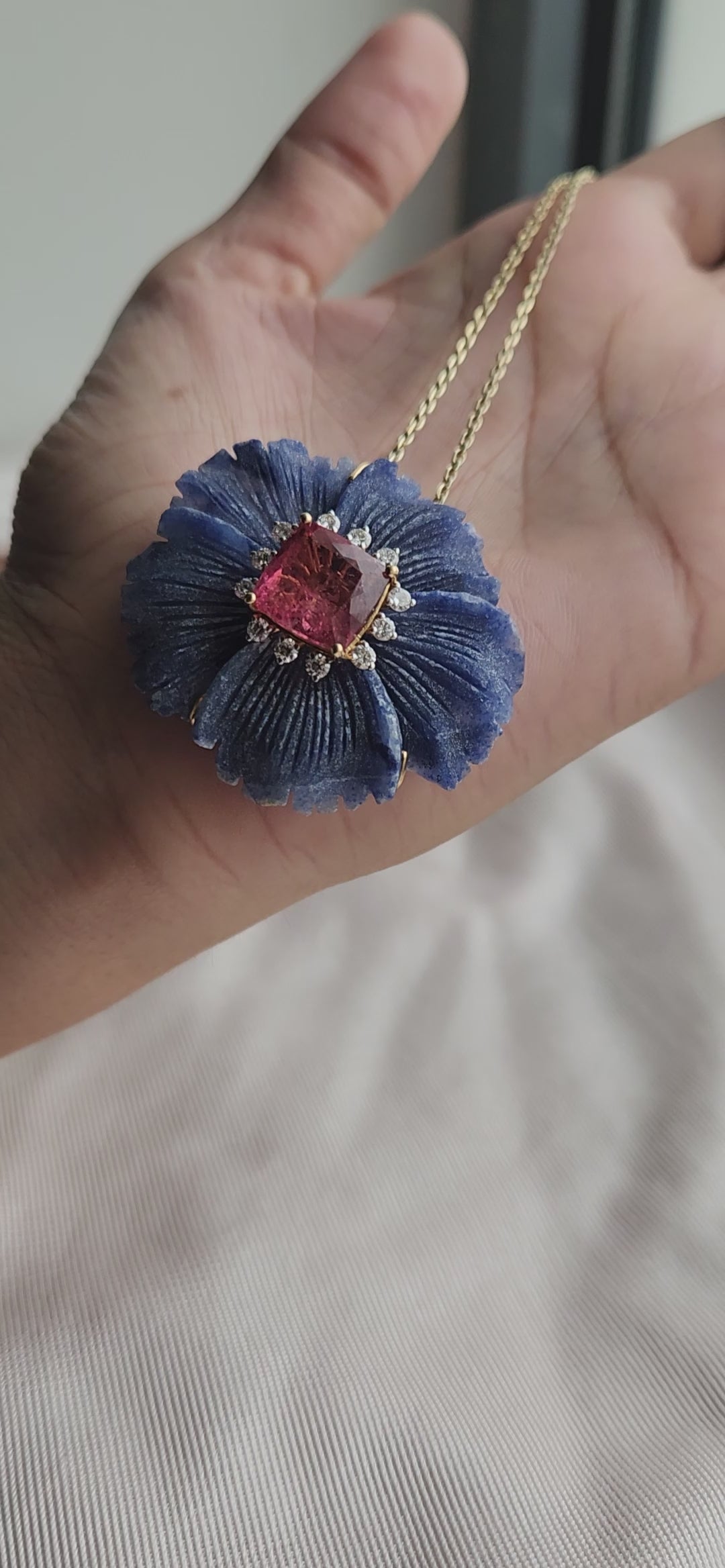18K Yellow Gold Carved Blue Quartz, Rubellite & Diamond Flower Pendant