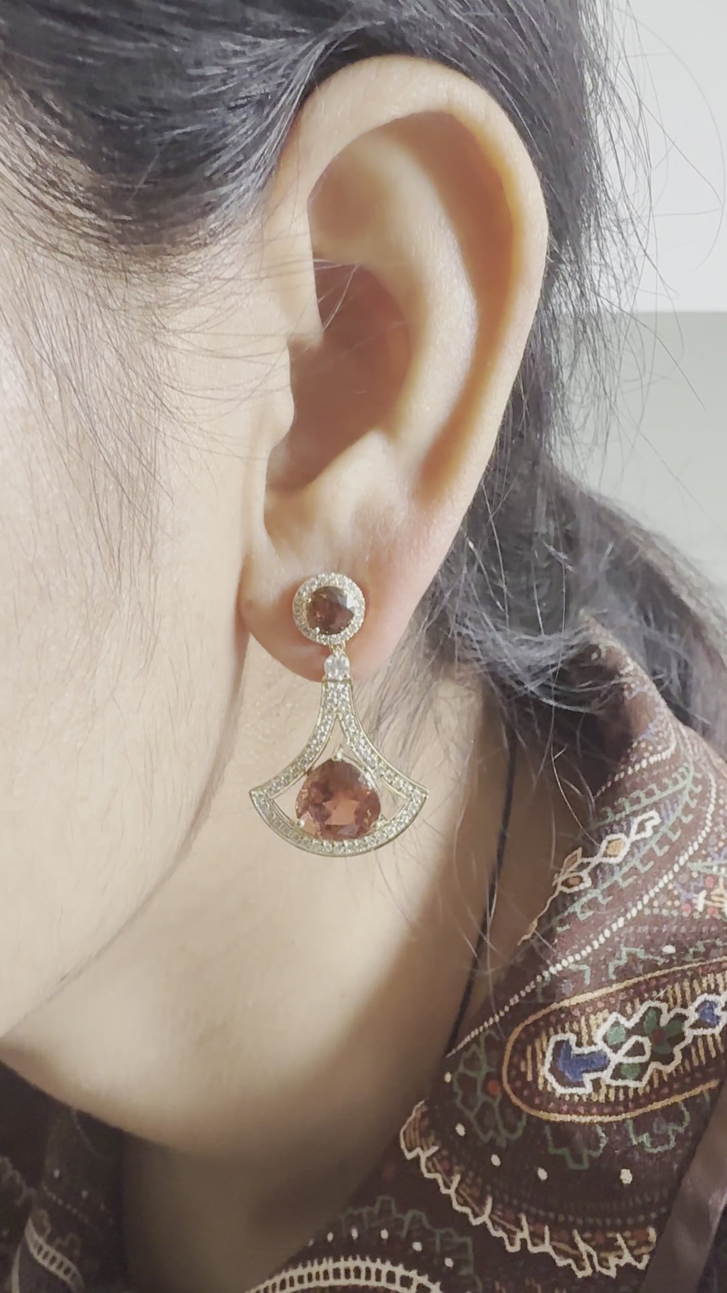 14K Yellow Gold Pink Tourmaline & Diamond Fan Drop Earrings