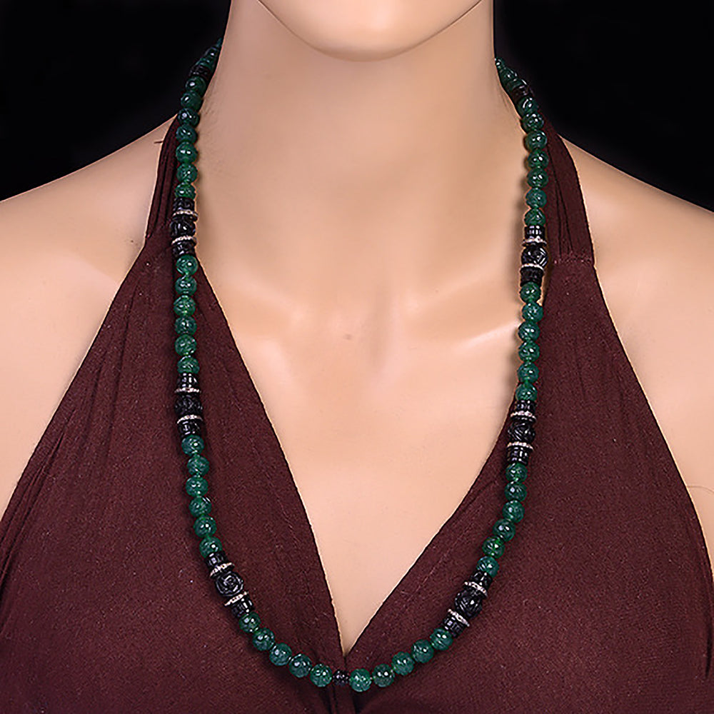 Handcarved Onyx Diamond Beaded Matinee Necklace In 925 Silver