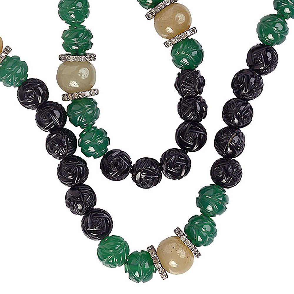Sapphire Onyx Carved Beads Diamond Matinee Necklace in Silver