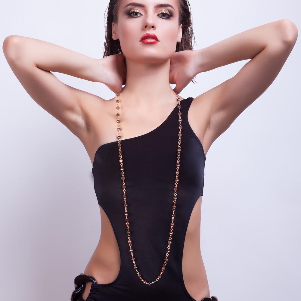 18K Yellow Gold Black Diamond Beads Long Necklace – Party Wear Layering Jewelry for Women