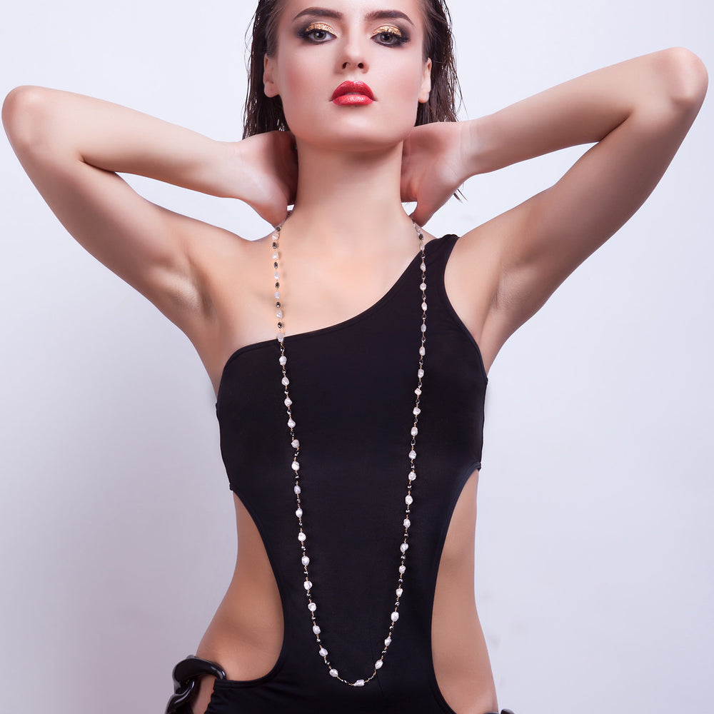 Pearl & Chinese Ice Diamond Beads Long Chain Necklace in 18K Yellow Gold – Luxury Handmade Jewelry