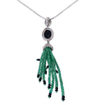 Natural Emerald Beads Onyx Diamond Tassel Matinee Necklace In 18k Gold Silver