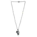 Natural Pearl Chinese Pave Diamond Snake Pendant Charm Matinee Necklace In Gold Silver
