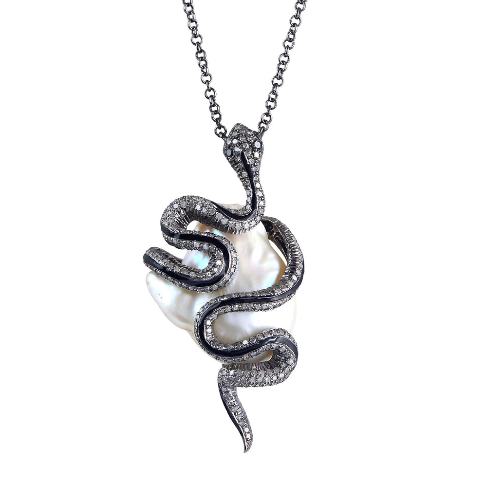 Natural Pearl Chinese Pave Diamond Snake Pendant Charm Matinee Necklace In Gold Silver