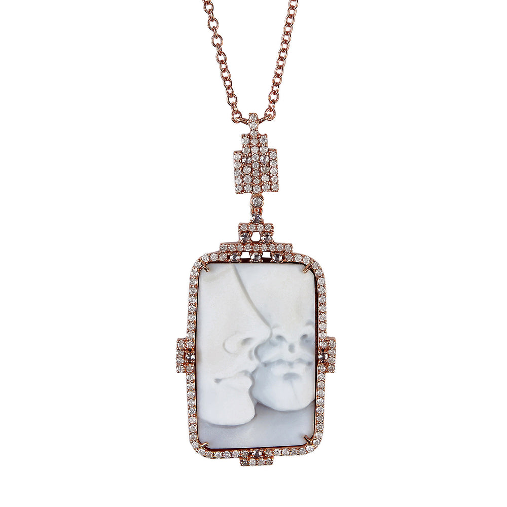 18k Rose Gold Shell Cameo Pave Diamond Designer Mother Baby Chain Necklace On Sale