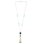 Pearl Beads Tassel Emerald Diamond Pendant Necklace In 18k Gold Chain