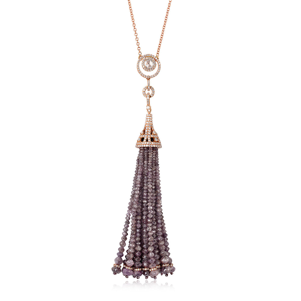 Natural Brown Ice Diamond Beads In 18k Rose Gold Tassel Opera Necklace