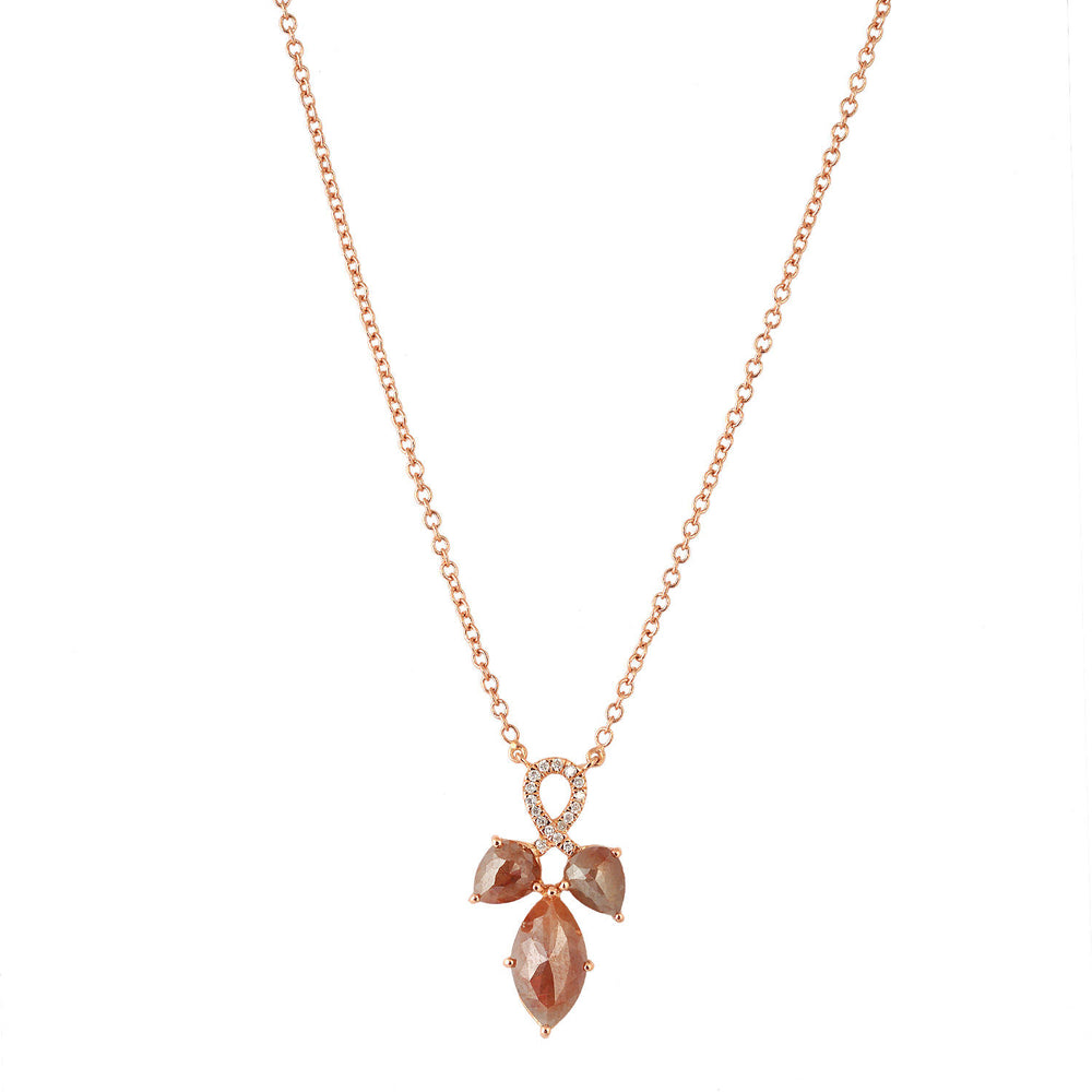Natural Diamond Three Stone Leaf Design Dainty 18k Rose Gold Necklace