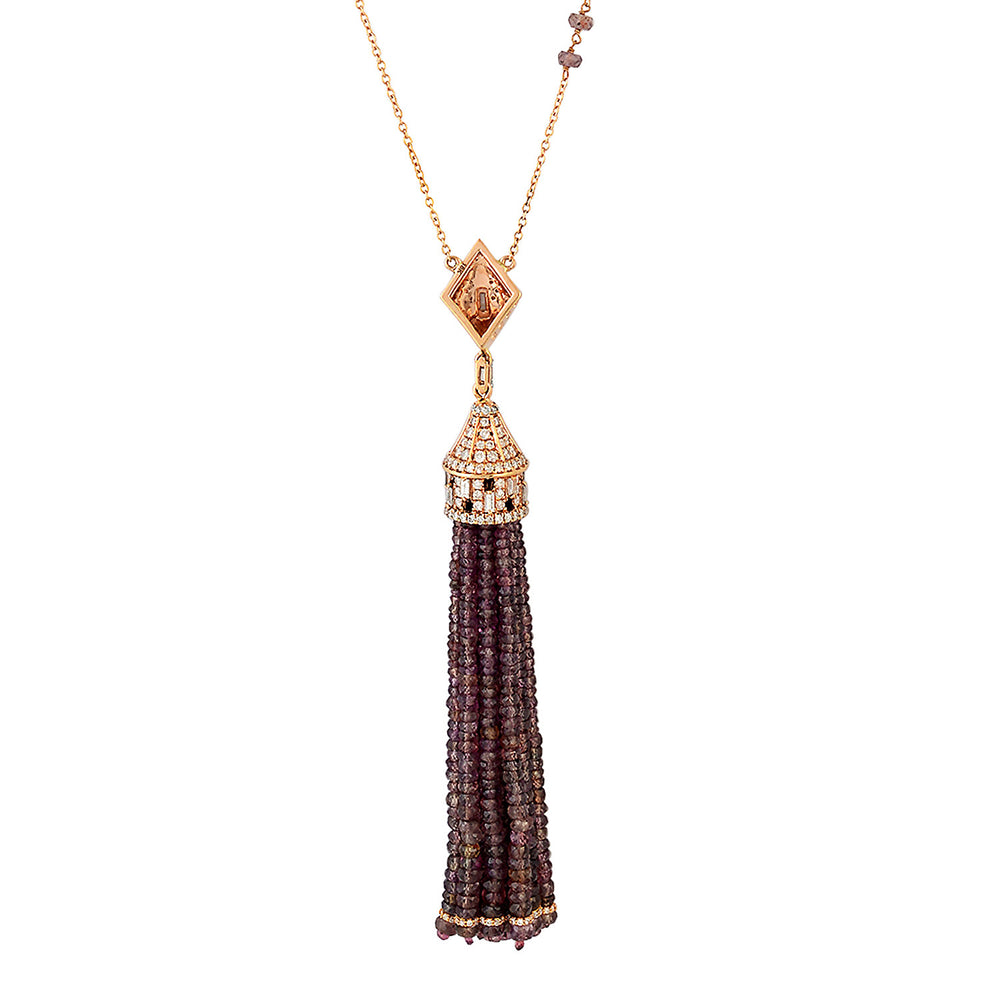 18k Yellow Gold Natural Diamond Tassel Beads Matinee Necklace