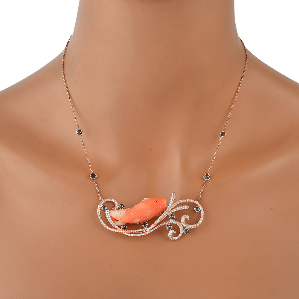 Handcarved Coral Fish Pave Diamond Designer 18k Rose Gold Choker Necklace