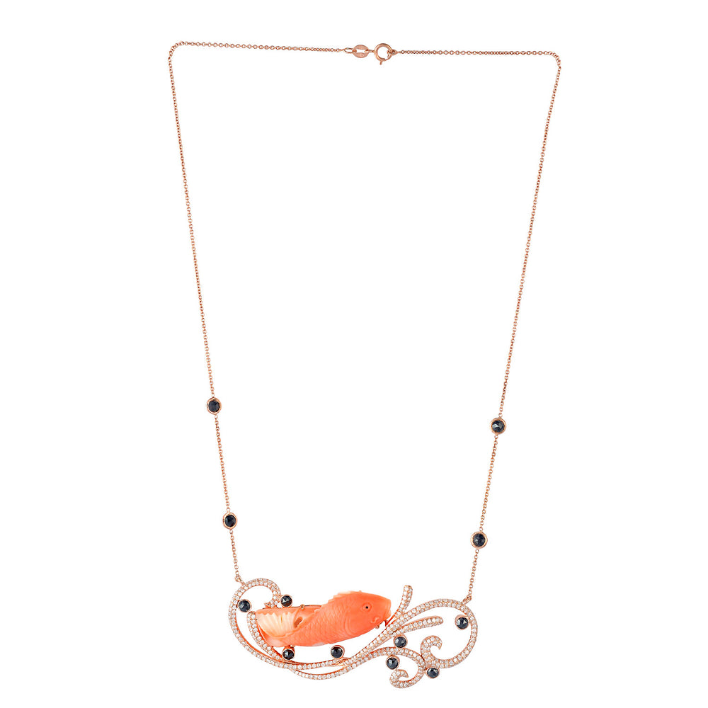 Handcarved Coral Fish Pave Diamond Designer 18k Rose Gold Choker Necklace