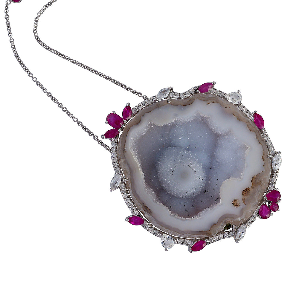 Geode Pave Diamond Sapphire Ruby Designer pendant Chain Necklace 18k Gold On Sale