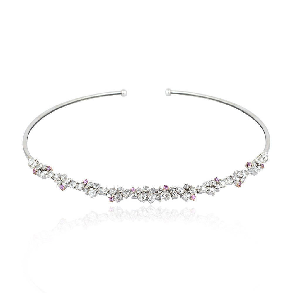 Pink Sapphire Prong Rose Cut Diamond In White Gold Herringbone Cuff Necklace On Sale