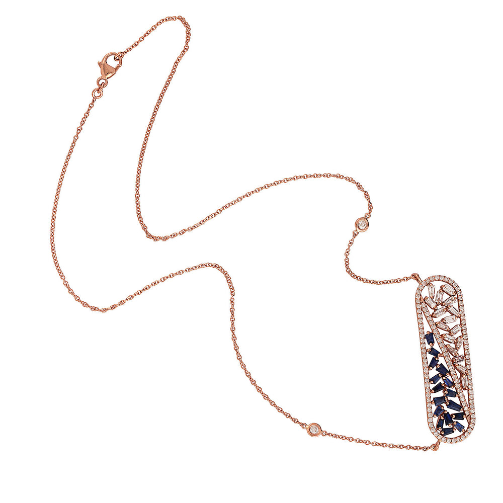 Baguette Blue Sapphire Prong Diamond In 18k Rose Gold Choker Necklace