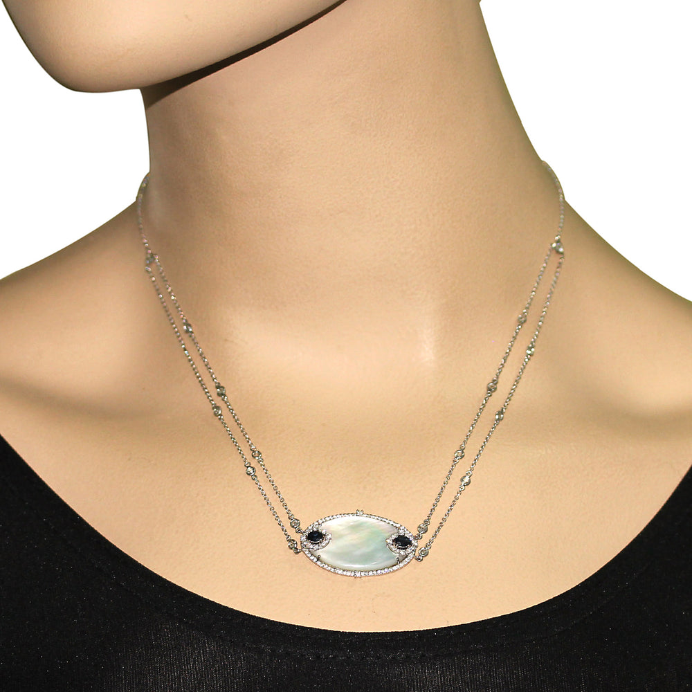 18K White Gold MOP, Blue Sapphire & Diamond Wedding Choker Necklace for Her