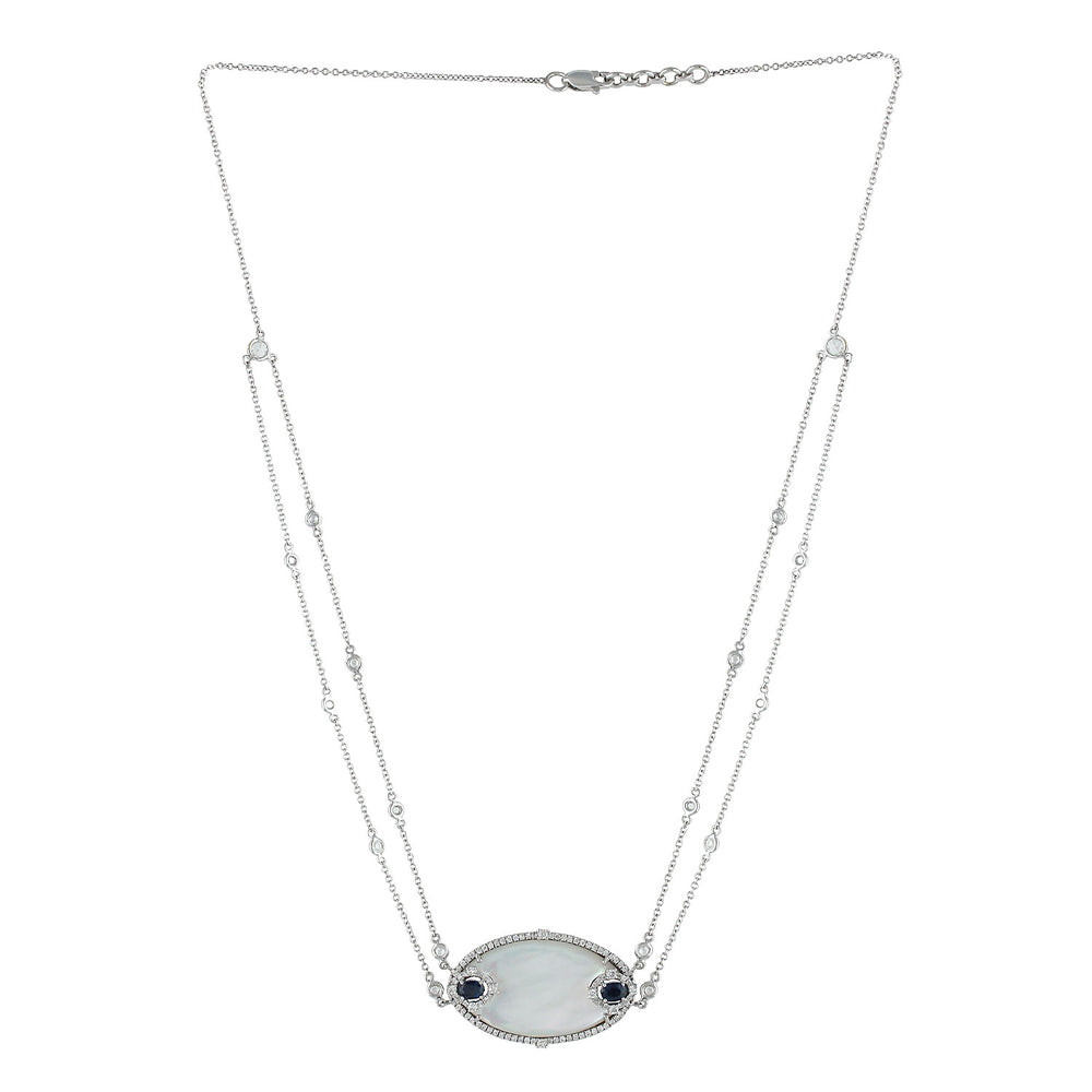 18K White Gold MOP, Blue Sapphire & Diamond Wedding Choker Necklace for Her