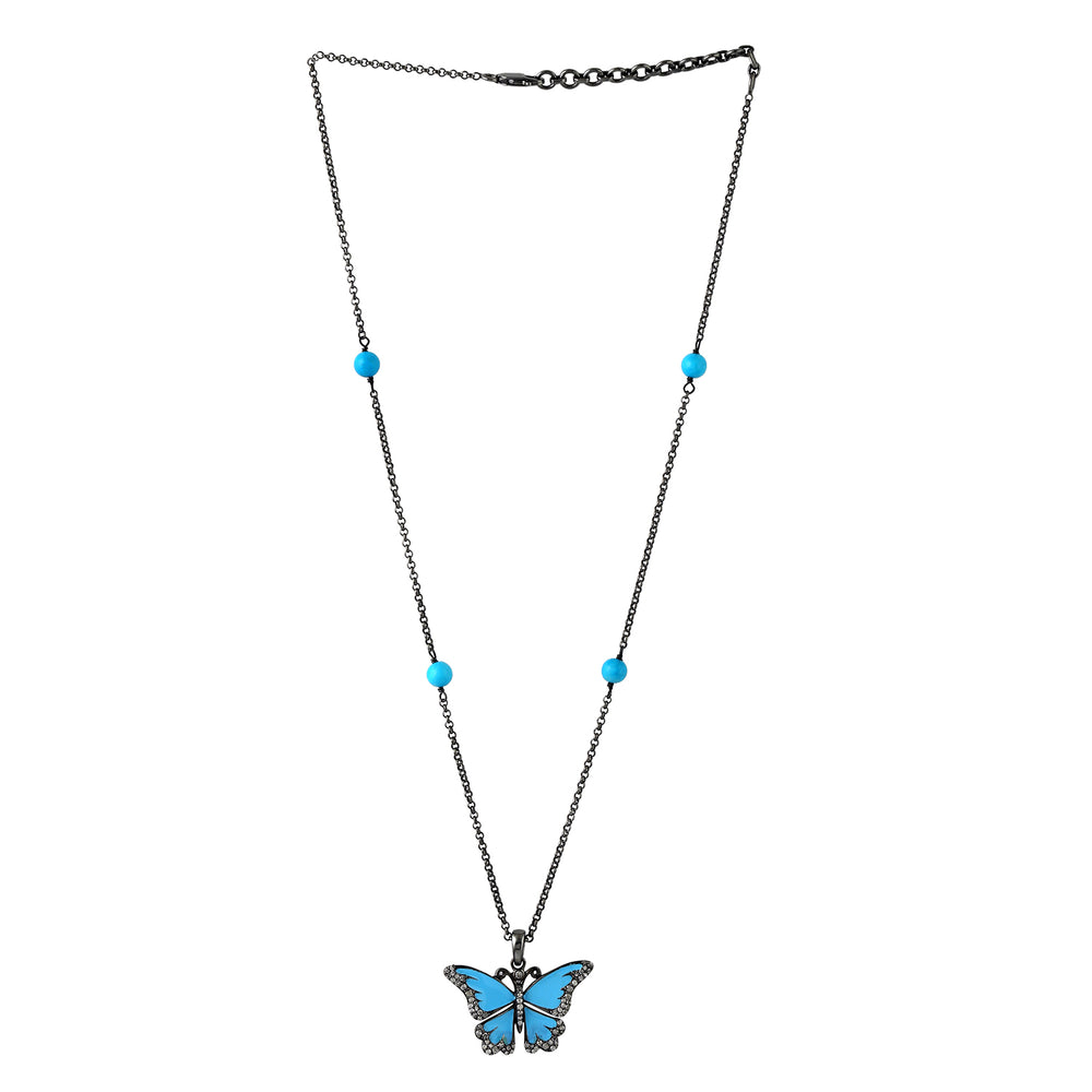 Handcarved Butterfly Turquoise Pave Diamond Sterling Silver Matinee Necklace On Sale