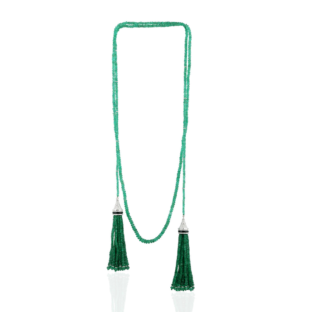 Natural Emerald Beads Tassel Necklace in 18K White Gold with Diamonds – Luxury Rope Jewelry On Sale