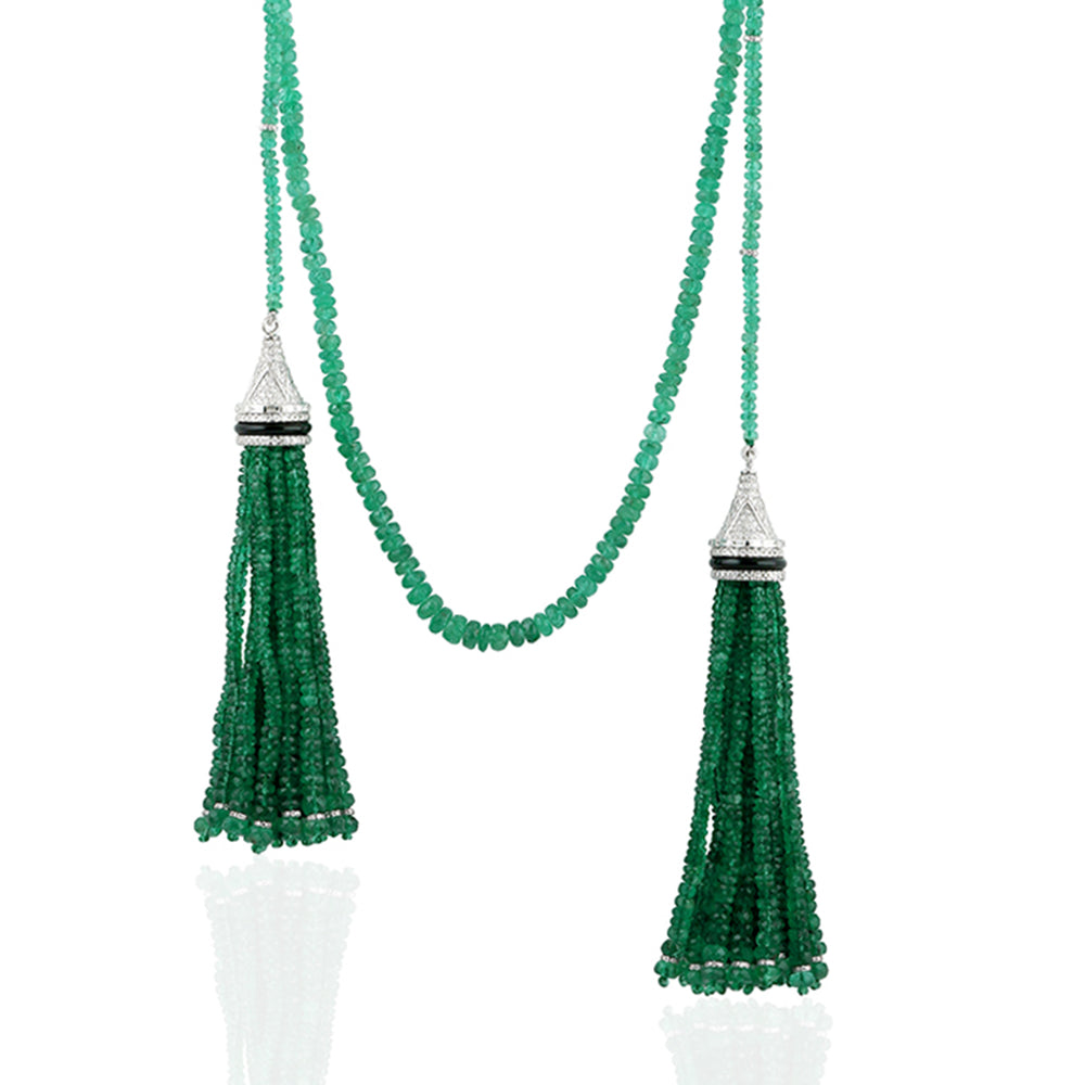 Natural Emerald Beads Tassel Necklace in 18K White Gold with Diamonds – Luxury Rope Jewelry On Sale