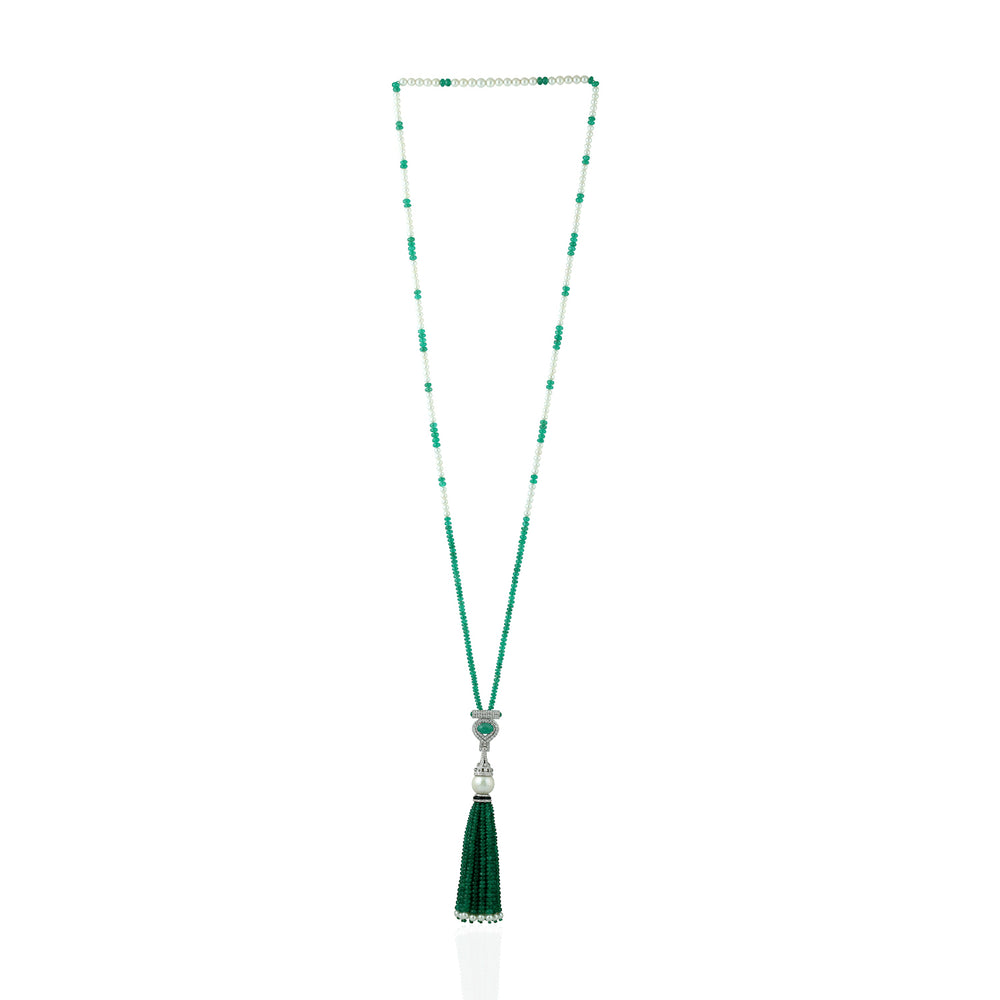 Natural Emerald, Pearl & Diamond Bead Lariat Necklace in 18K White Gold – Chain Jewelry