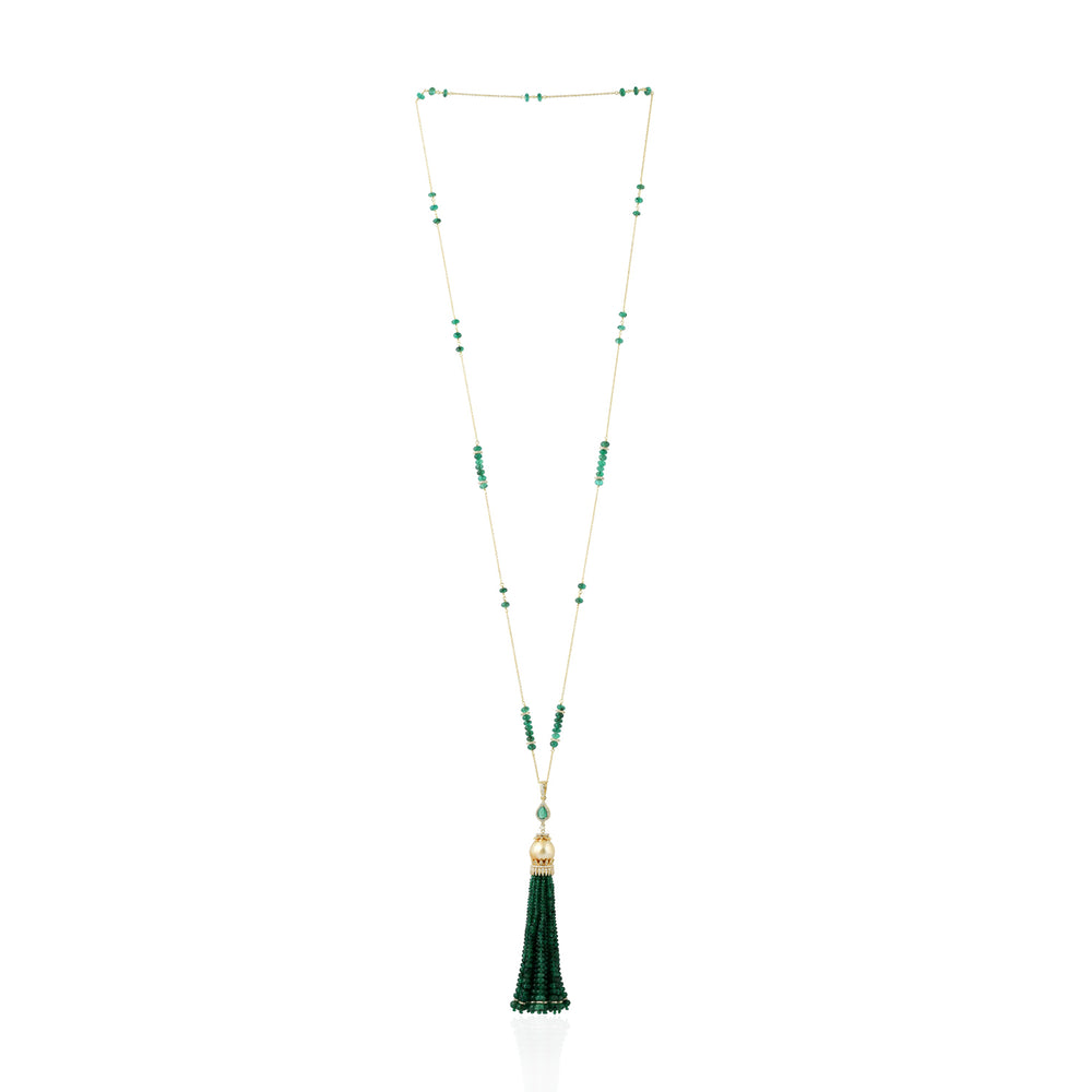 Faceted Emerald Pearl Beads Gemstone Diamond In Yellow Gold Tassel Necklace