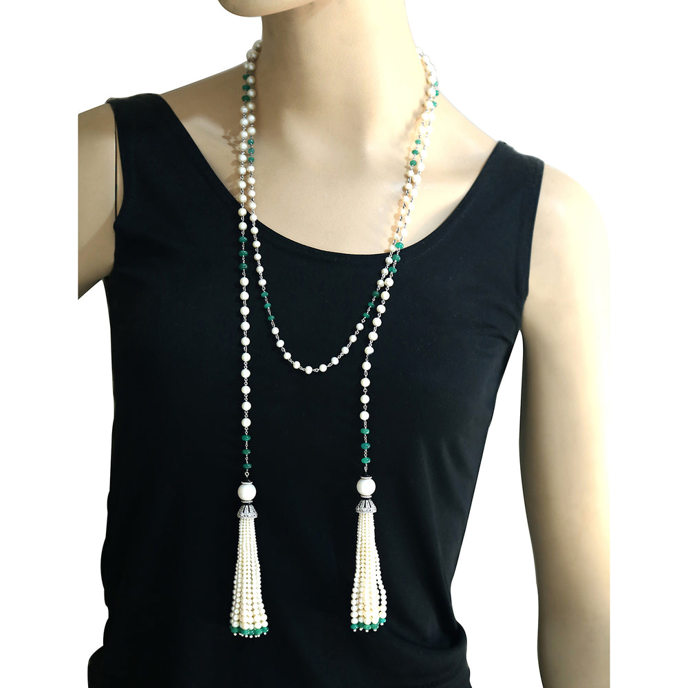 Natural Emerald Beads Tassel Rope Necklace in 18K White Gold with Diamond – On Sale for Her