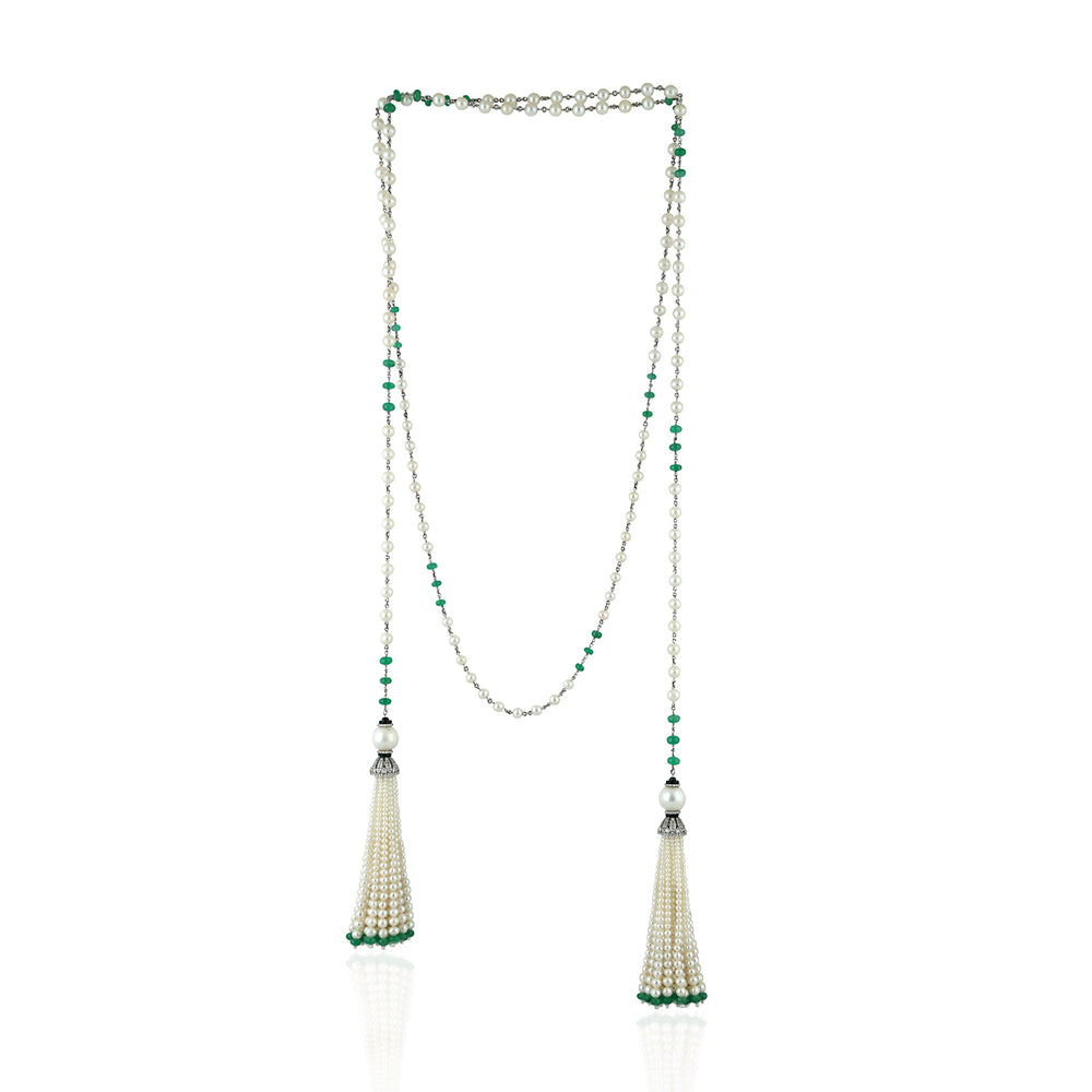 Natural Emerald Beads Tassel Rope Necklace in 18K White Gold with Diamond – On Sale for Her