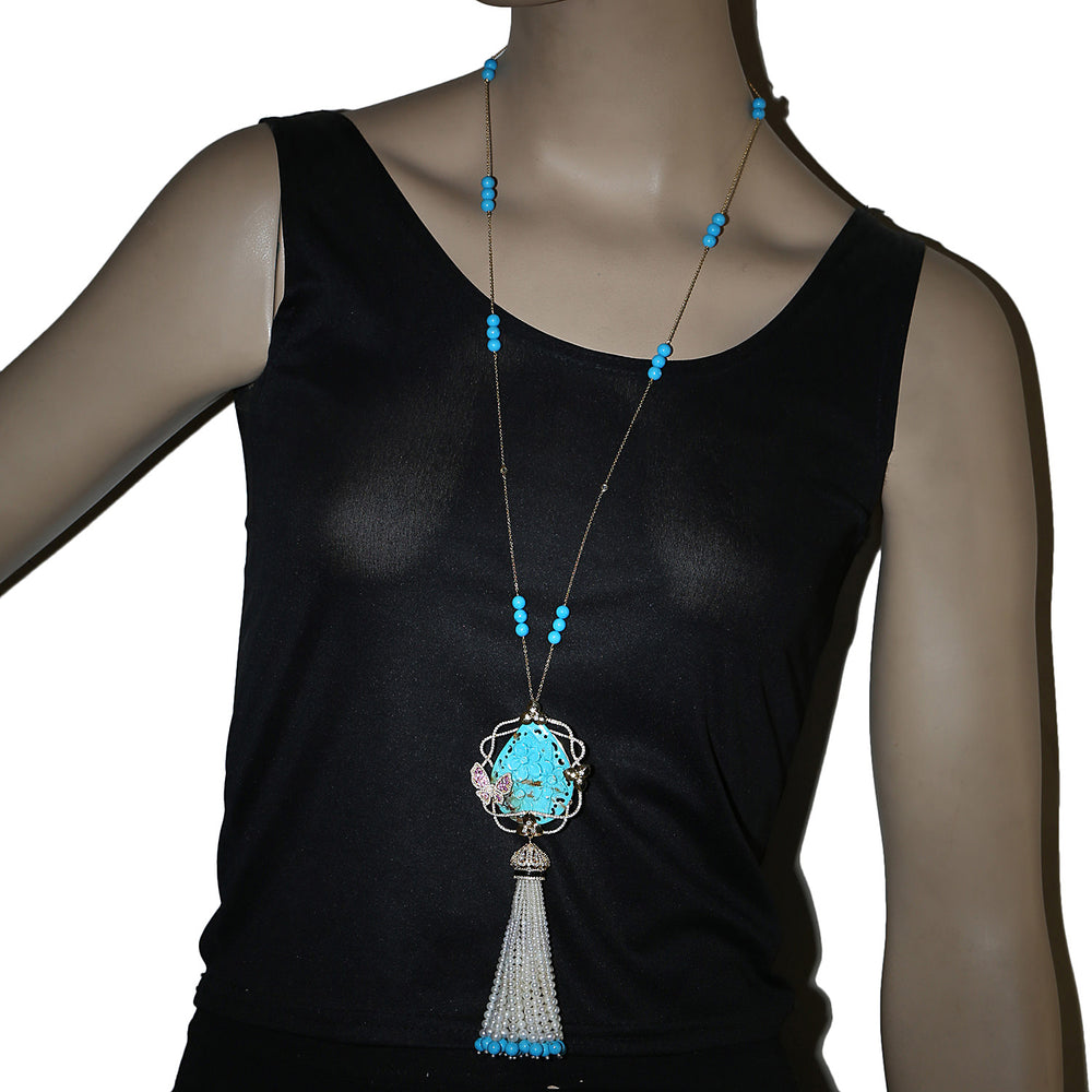 Carved Turquoise Natural Pearl,Sapphire & Onyx Beads Rope Lariat Necklace In 18K White Gold Diamond Jewelry On Sale