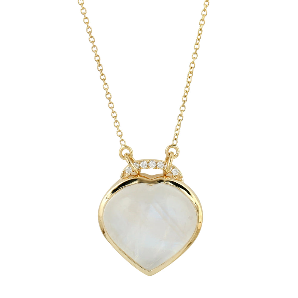 Moonstone Heart Shape Pave Diamond Handmade Princess Necklace In 18k Yellow Gold